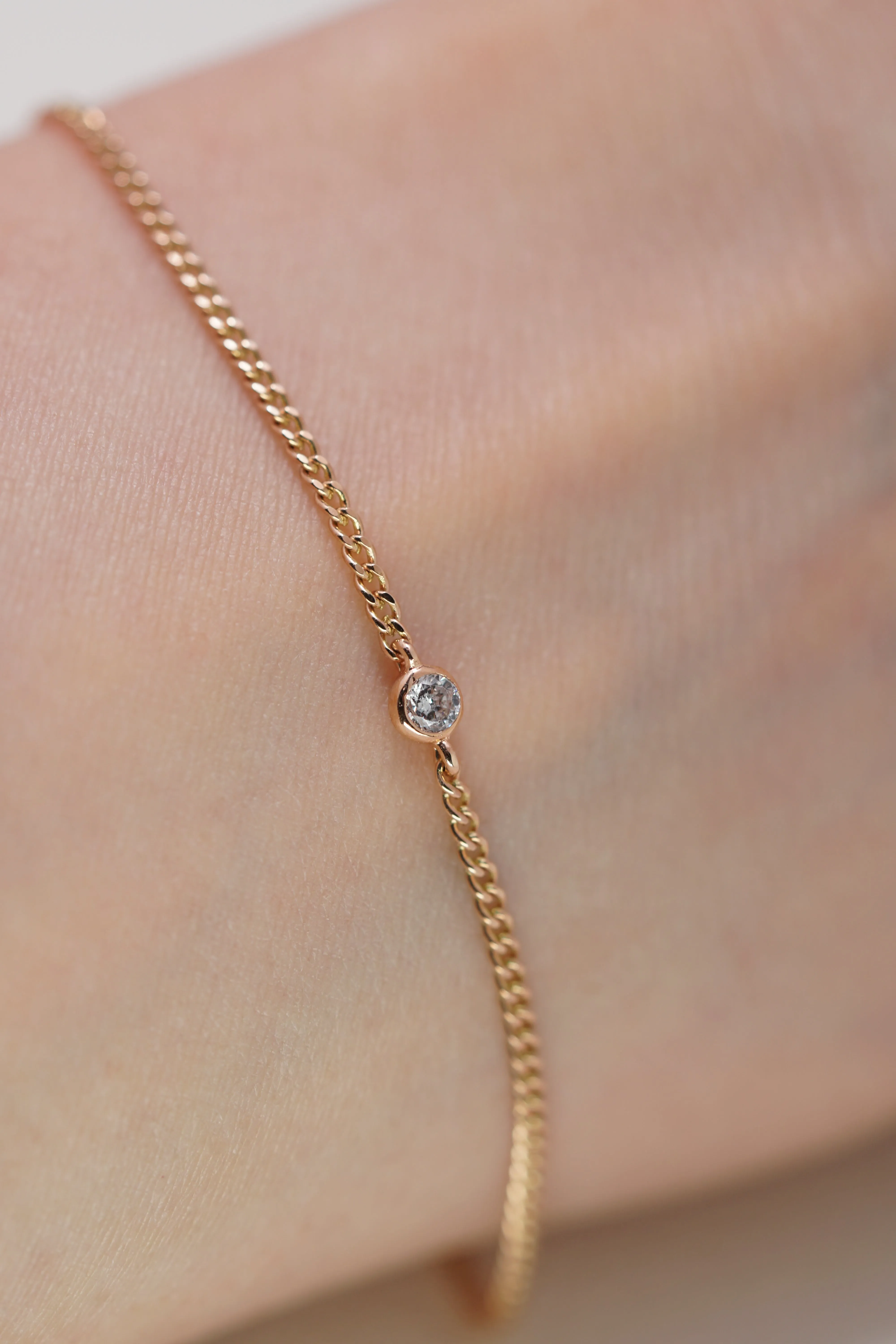 14K Solid Rose Gold Simple Bezel CZ DC Chain Bracelet