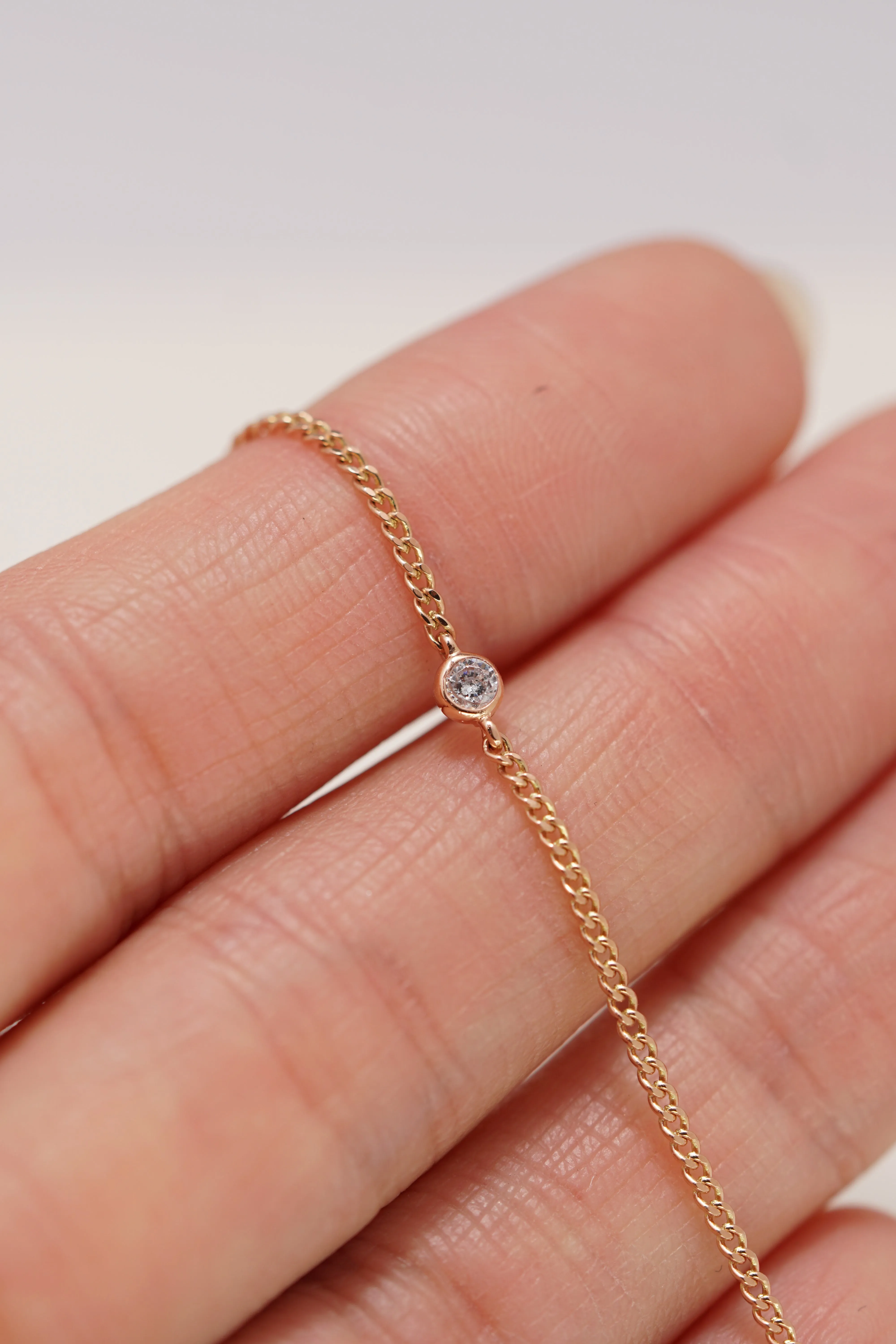 14K Solid Rose Gold Simple Bezel CZ DC Chain Bracelet