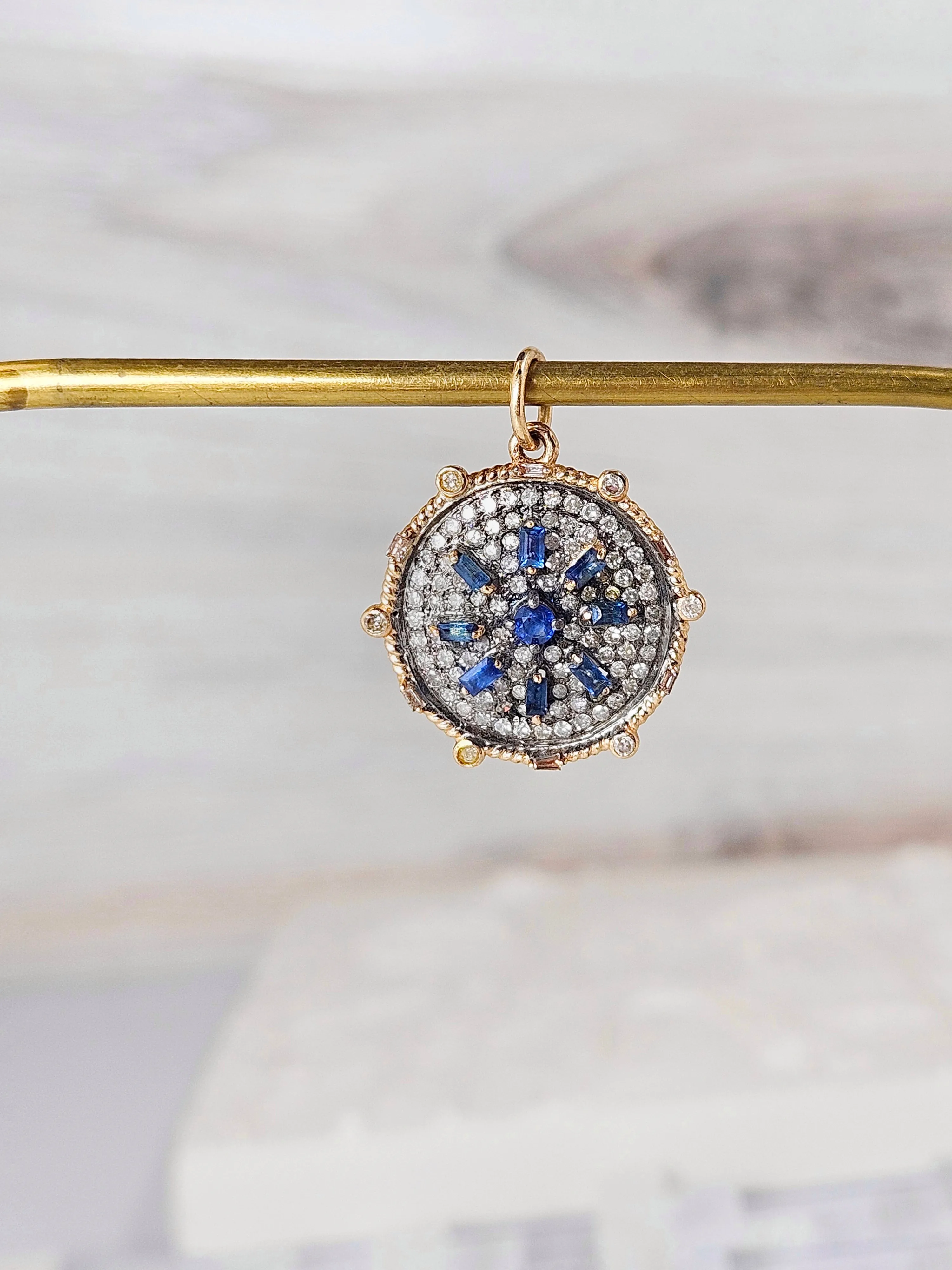 14K Yellow Gold & Oxidized Sterling Silver Disc Pendant with Blue Sapphire and Diamond | Indulgems | Designs in Real Gold