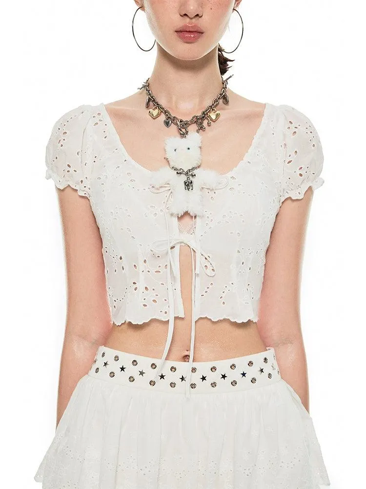 1Jin White Eyelet Lace-Up Crop Top - Women'S Puff Sleeve Ruffle Hem Top