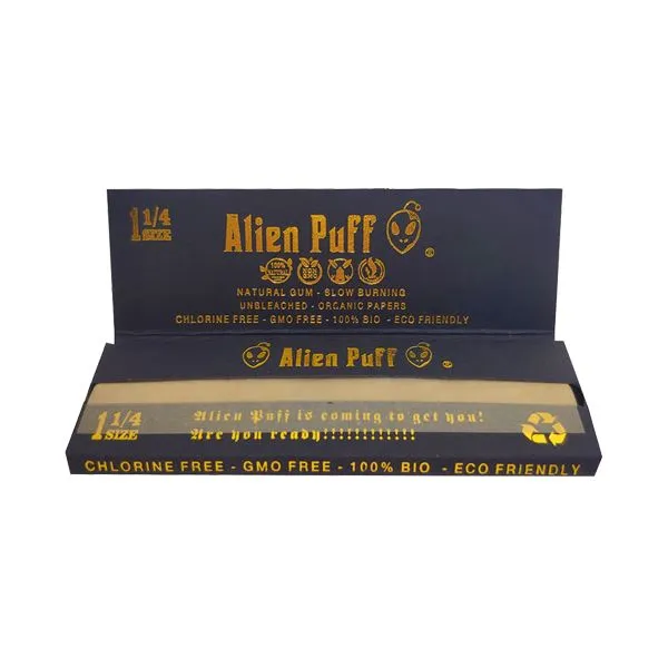 50 Alien Puff Black & Gold 1 1/4 Size Unbleached Brown Rolling Papers