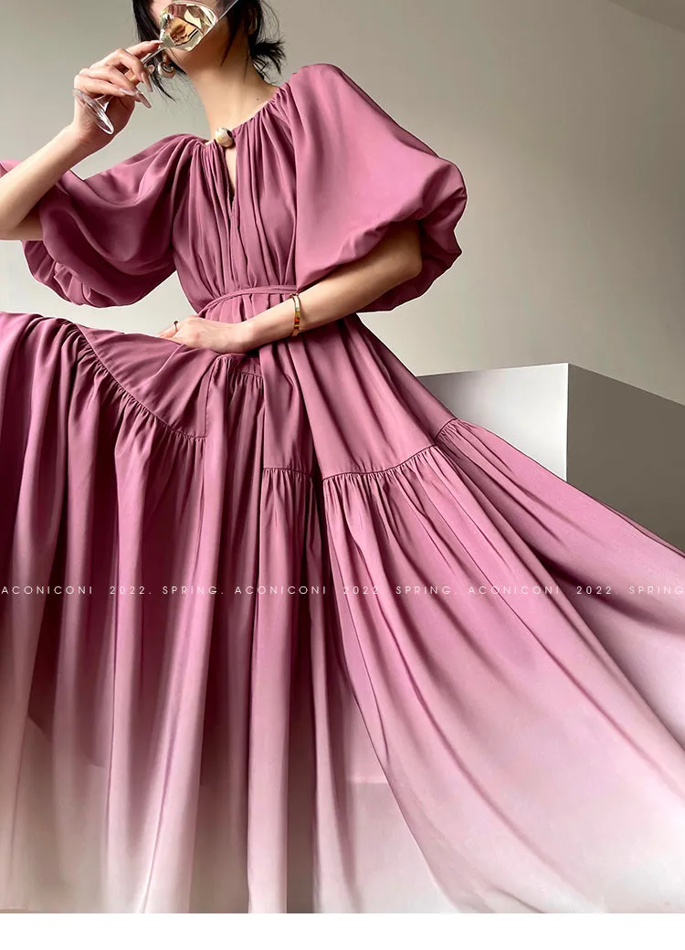 Aconiconi Elegant Grape Gradient V-Neck Puff Sleeve Loose Long Dress- Grape Cotton Cloud