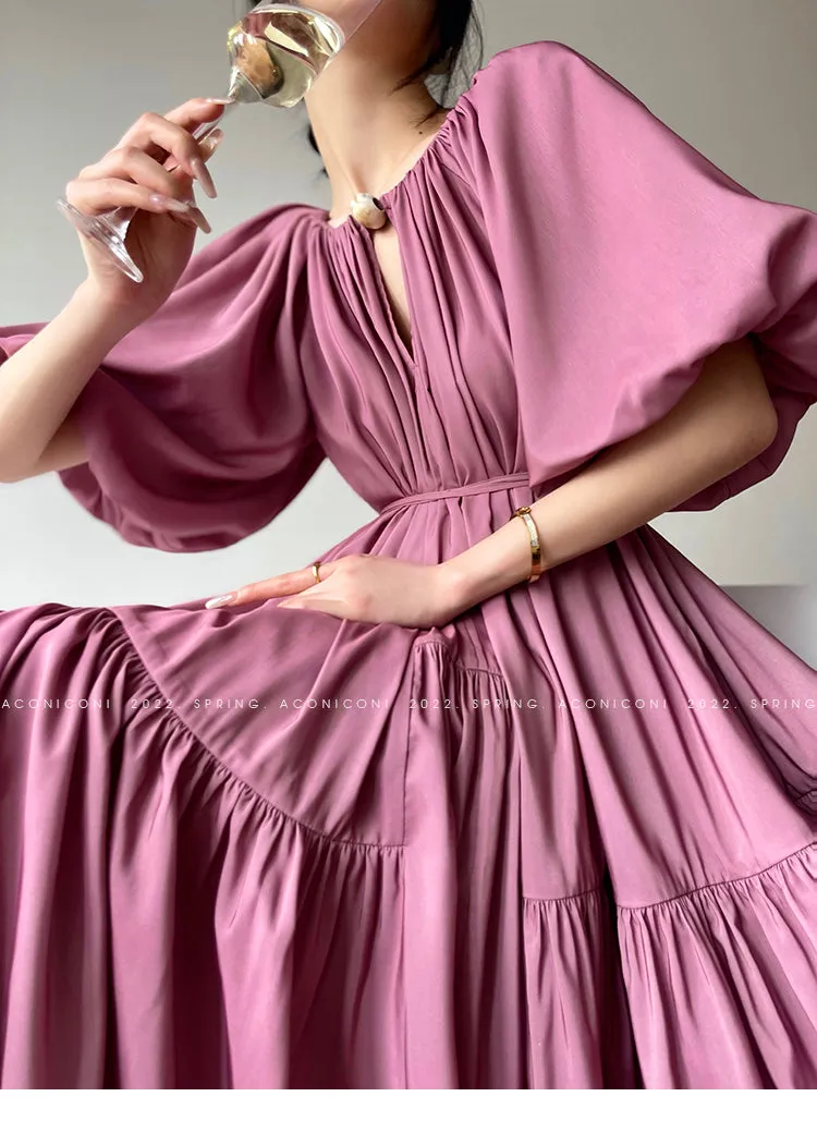 Aconiconi Elegant Grape Gradient V-Neck Puff Sleeve Loose Long Dress- Grape Cotton Cloud