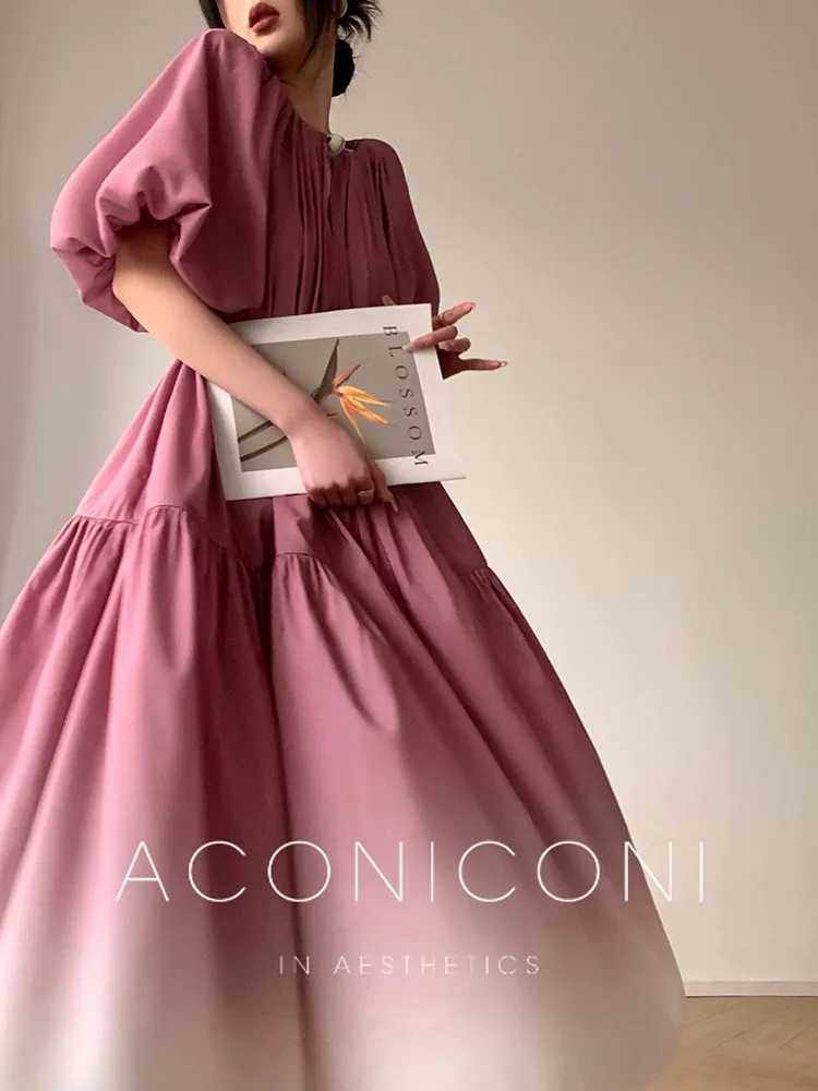 Aconiconi Elegant Grape Gradient V-Neck Puff Sleeve Loose Long Dress- Grape Cotton Cloud