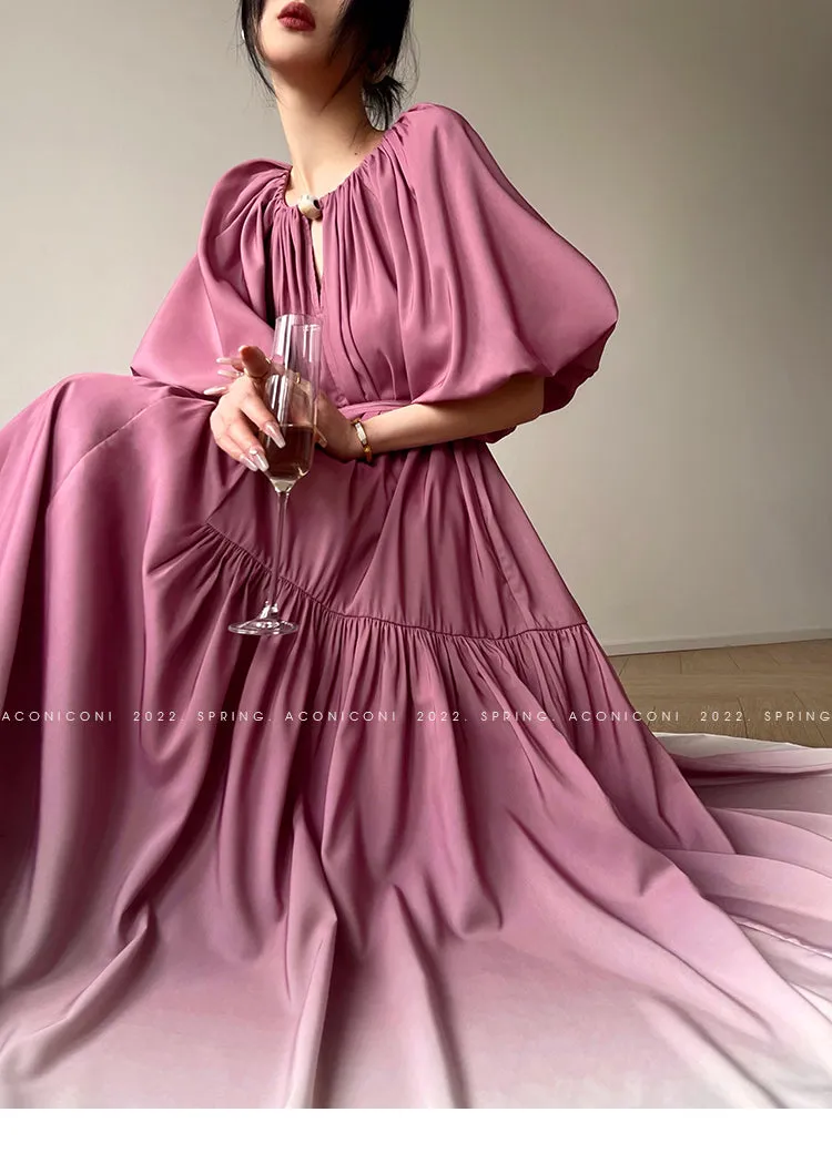 Aconiconi Elegant Grape Gradient V-Neck Puff Sleeve Loose Long Dress- Grape Cotton Cloud