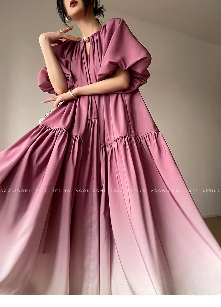 Aconiconi Elegant Grape Gradient V-Neck Puff Sleeve Loose Long Dress- Grape Cotton Cloud