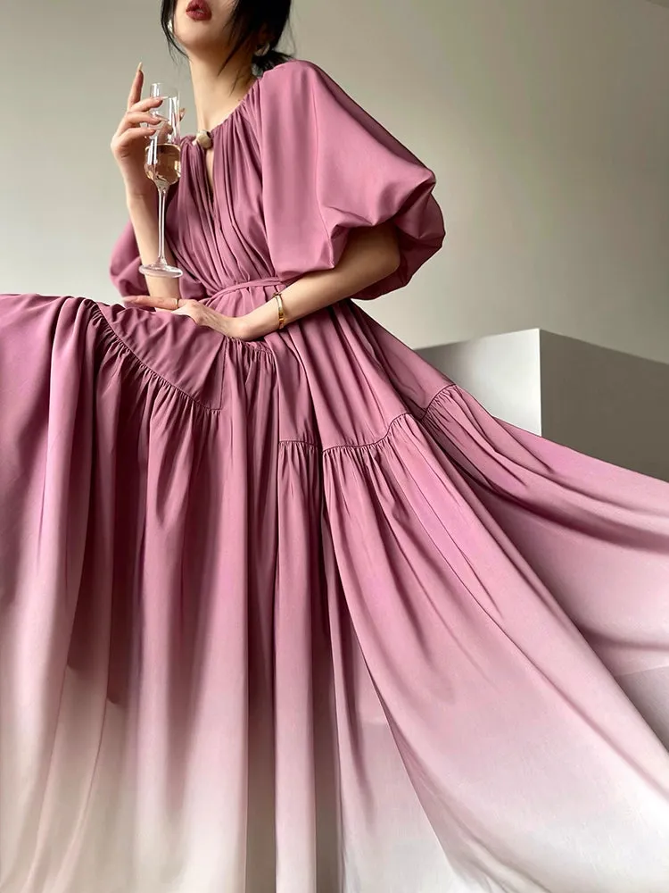 Aconiconi Elegant Grape Gradient V-Neck Puff Sleeve Loose Long Dress- Grape Cotton Cloud