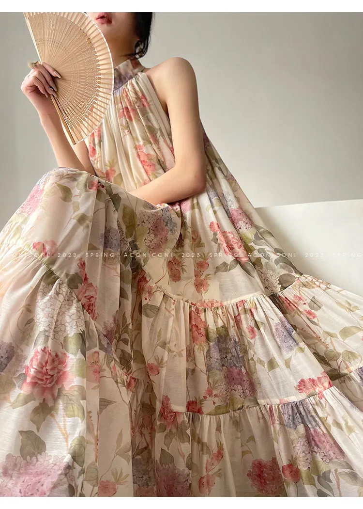 Aconiconi High End Floral Print Sleeve Less Halter Neck Long Resort Dress- Spring Dream