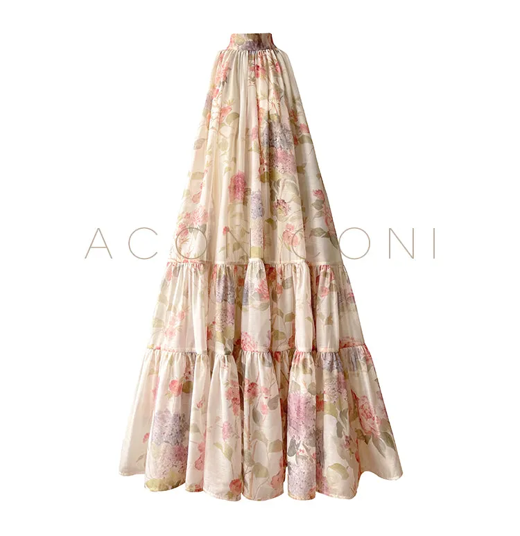 Aconiconi High End Floral Print Sleeve Less Halter Neck Long Resort Dress- Spring Dream