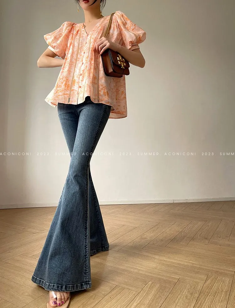 Aconiconi Luxury Orange French V-Neck Puff Sleeve Top Skirt- Huaju Sweet Dream