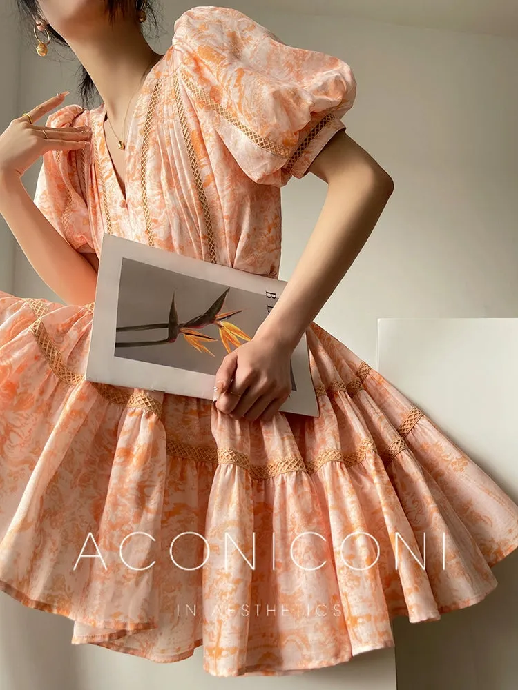 Aconiconi Luxury Orange French V-Neck Puff Sleeve Top Skirt- Huaju Sweet Dream