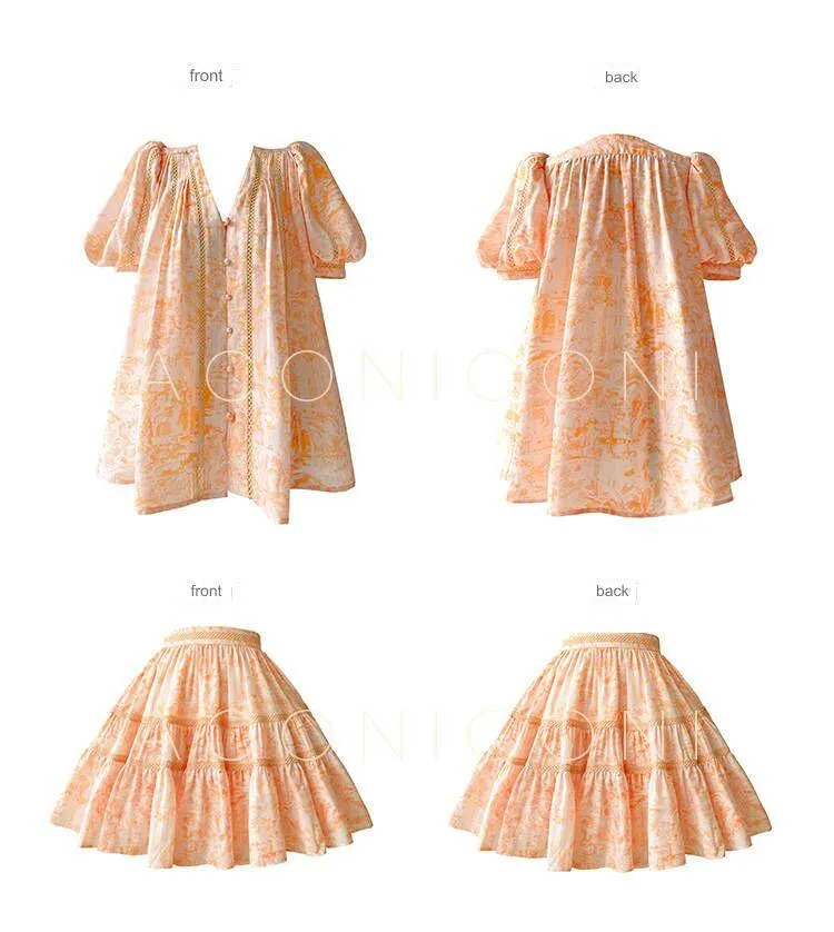 Aconiconi Luxury Orange French V-Neck Puff Sleeve Top Skirt- Huaju Sweet Dream