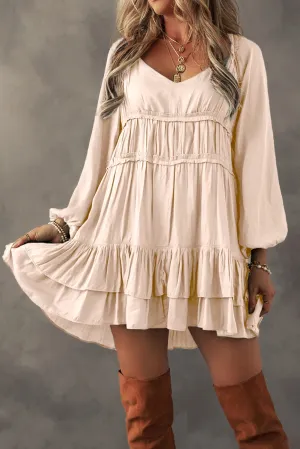 Apricot Tiered Ruffled Puff Sleeve Loose Fit Mini Dress