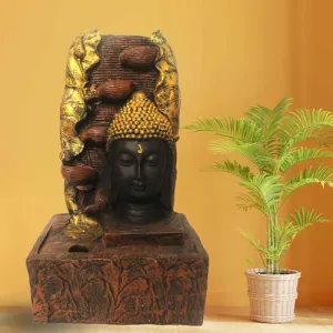 Art N Hub Lord Buddha Face Handicraft Tabletop Indoor Outdoor Waterfall Fountain Balcony Decoration Items Water Fountain for Home Vastu (30 x 20 x 53 CM | Brown & Golden)