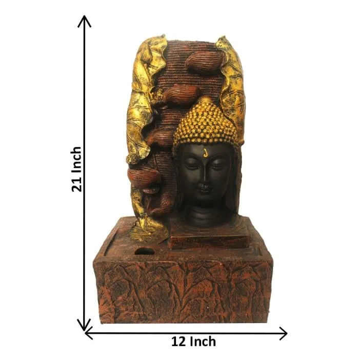 Art N Hub Lord Buddha Face Handicraft Tabletop Indoor Outdoor Waterfall Fountain Balcony Decoration Items Water Fountain for Home Vastu (30 x 20 x 53 CM | Brown & Golden)