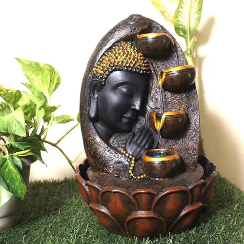 Art N Hub Lord Buddha Face Table Top Indoor Water Fountains for Home Decoration Office Decoration and Gifting Built (27 x 27 x 41 CM | Brown Golden)