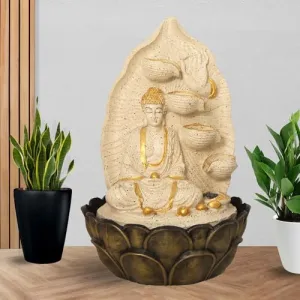 Art N Hub Lord Buddha Indoor Outdoor Table Top Fengshui Water Fountain Office Decorative Items Best Ornaments for Home Decor (27 x 27 x 42 CM | Dotted Cream Golden)