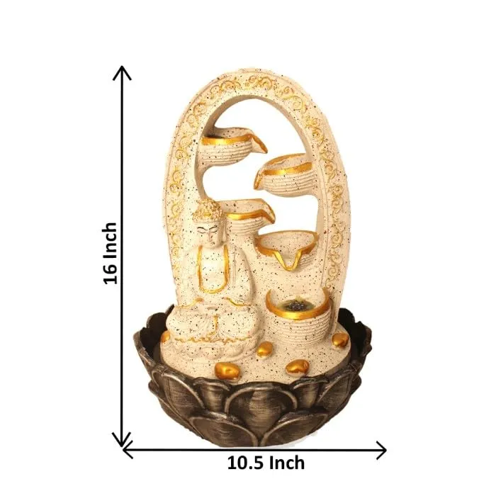 Art N Hub Lord Buddha Tabletop Waterfall Fountain Decorative Gift Items for Home and Office Also Good As Garden Decoration Items | Home Inauguration Gift Items (27 x 27 x 41 CM | Dotted White Golden)