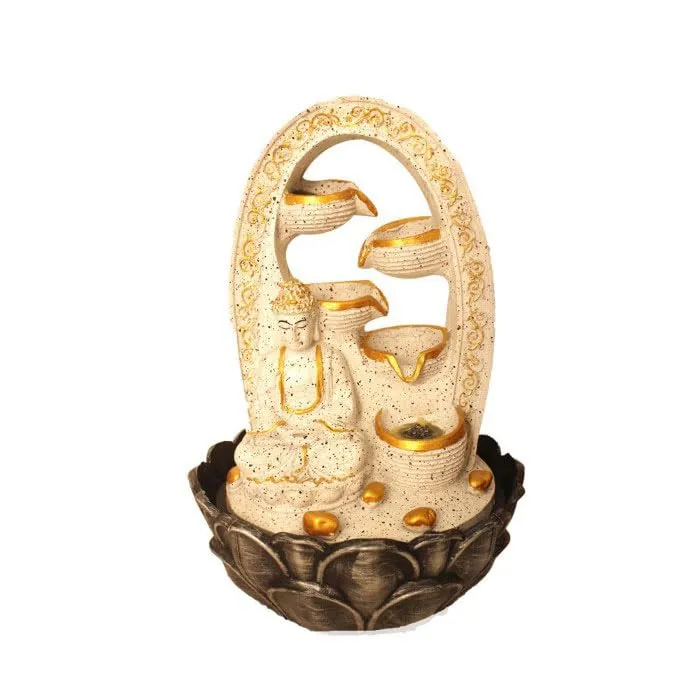 Art N Hub Lord Buddha Tabletop Waterfall Fountain Decorative Gift Items for Home and Office Also Good As Garden Decoration Items | Home Inauguration Gift Items (27 x 27 x 41 CM | Dotted White Golden)