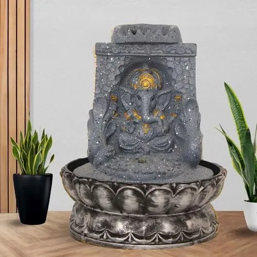 Art N Hub Lord Ganesha Handicraft Tabletop Indoor Outdoor Waterfall Fountain Balcony Decoration Items Water Fountain for Home Vastu (20 x 20 x 26 CM | Dotted Grey Golden)