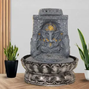 Art N Hub Lord Ganesha Handicraft Tabletop Indoor Outdoor Waterfall Fountain Balcony Decoration Items Water Fountain for Home Vastu (20 x 20 x 26 CM | Dotted Grey Golden)