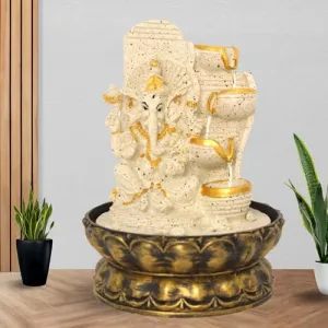 Art N Hub Lord Ganesha Indoor Outdoor Table Top Fengshui Water Fountain Office Decorative Items Best Ornaments for Home Decor (20 x 20 x 27 CM | Dotted Cream Golden)