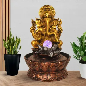 Art N Hub Lord Ganesha Indoor Outdoor Table Top Fengshui Water Fountain Office Decorative Items with Crystall Ball LED Light Best Ornaments for Home Decor (27 x 27 x 40 CM | Golden Copper & Silver)