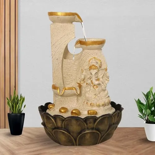 Art N Hub Lord Ganesha Table Top Indoor Water Fountains for Home Decoration Office Decoration and Gifting Built (27 x 27 x 41 CM | Dotted Cream Golden)