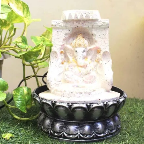 Art N Hub Lord Ganesha Table Top Water Fountain with LED Light Table Decorative Items and Home Decor Items for Living Room | Best Temple Decoration Items (20 x 20 x 26 CM | Dotted White Golden)