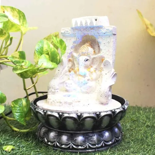 Art N Hub Lord Ganesha Table Top Water Fountain with LED Light Table Decorative Items and Home Decor Items for Living Room | Best Temple Decoration Items (20 x 20 x 26 CM | Dotted White Golden)