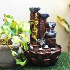 Art N Hub Lord Krishna Indoor Waterfall Fountain Office Decorative Items for Desk Best Welcome Gifts for Guest Also Best Gift Items for Home Decoration (27 x 27 x 36 CM | Golden Copper & Silver)