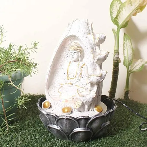 Art N Hub Lotus Buddha Indoor Waterfall for Home Decoration Housewarming Gift Items Best Interior Decoration Items for Home (27 x 27 x 39 CM | Dotted White Golden)