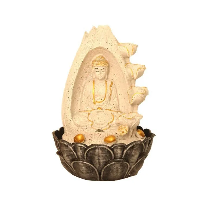 Art N Hub Lotus Buddha Indoor Waterfall for Home Decoration Housewarming Gift Items Best Interior Decoration Items for Home (27 x 27 x 39 CM | Dotted White Golden)