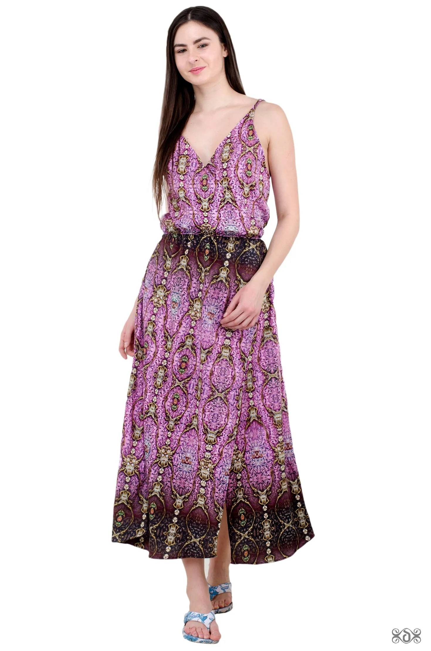 ART NOUVEAU Decorative Pink Devarshy Pure Cotton Long Slit Dress - 021A