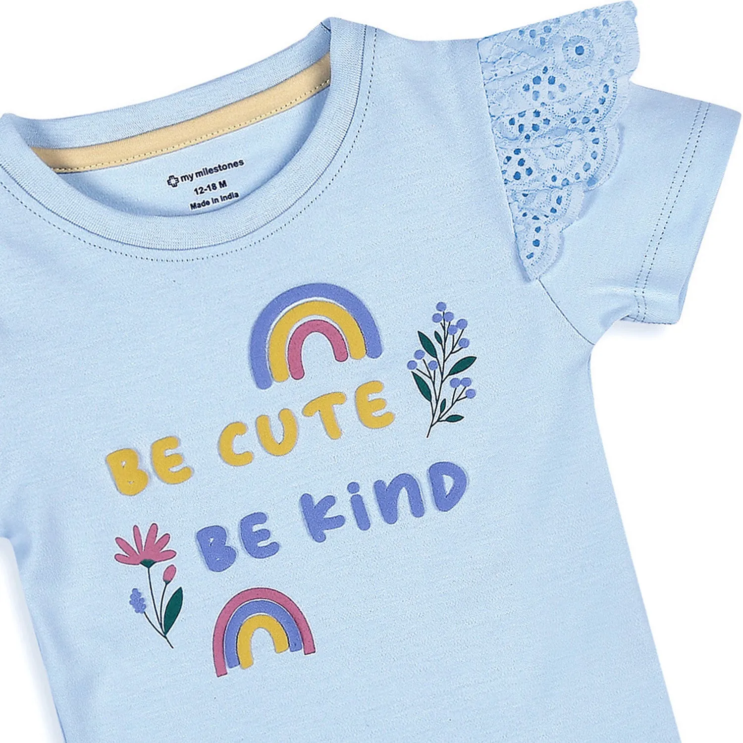 Be Cute Be Kind Puff Print Tee - Girls - Baby Blue