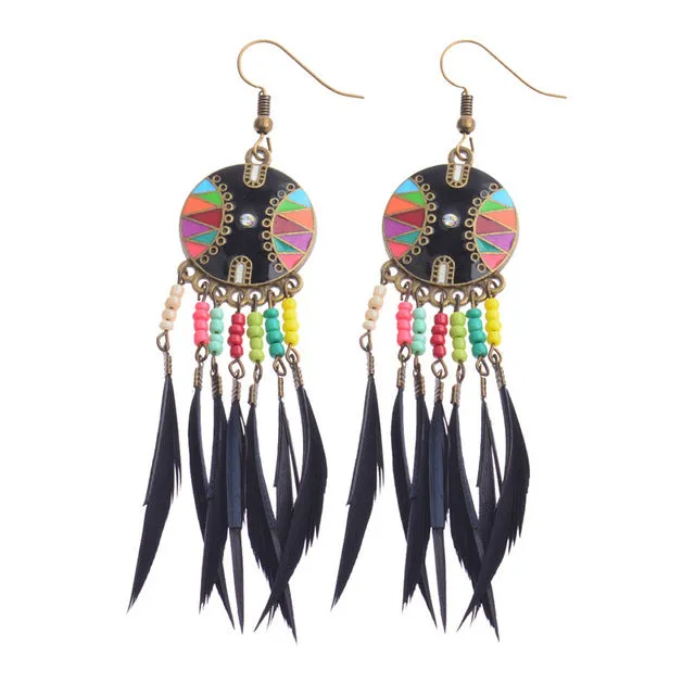 Beads and Feather Tassel Earrings