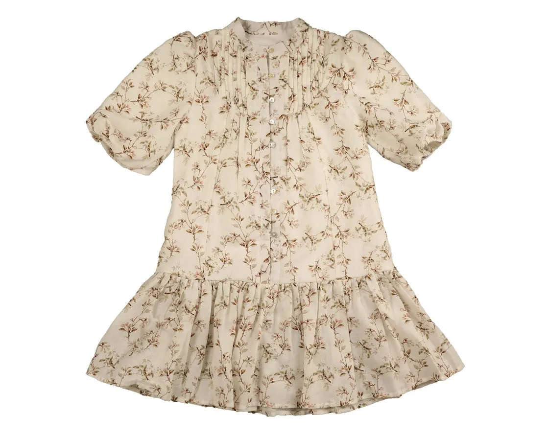 Belati Beige Floral Round Neck Yoked Dress