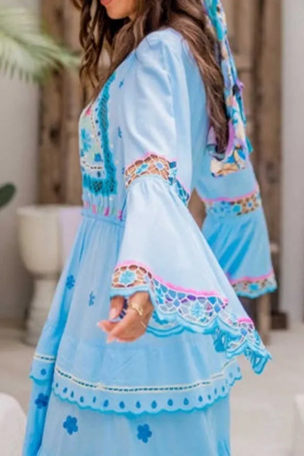 Bell Sleeve Ruffle Bohemian Long Dress