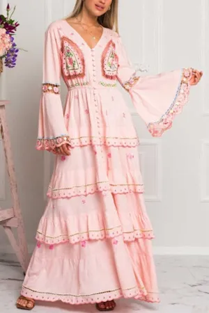 Bell Sleeve Ruffle Bohemian Long Dress