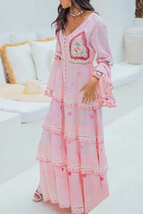 Bell Sleeve Ruffle Bohemian Long Dress