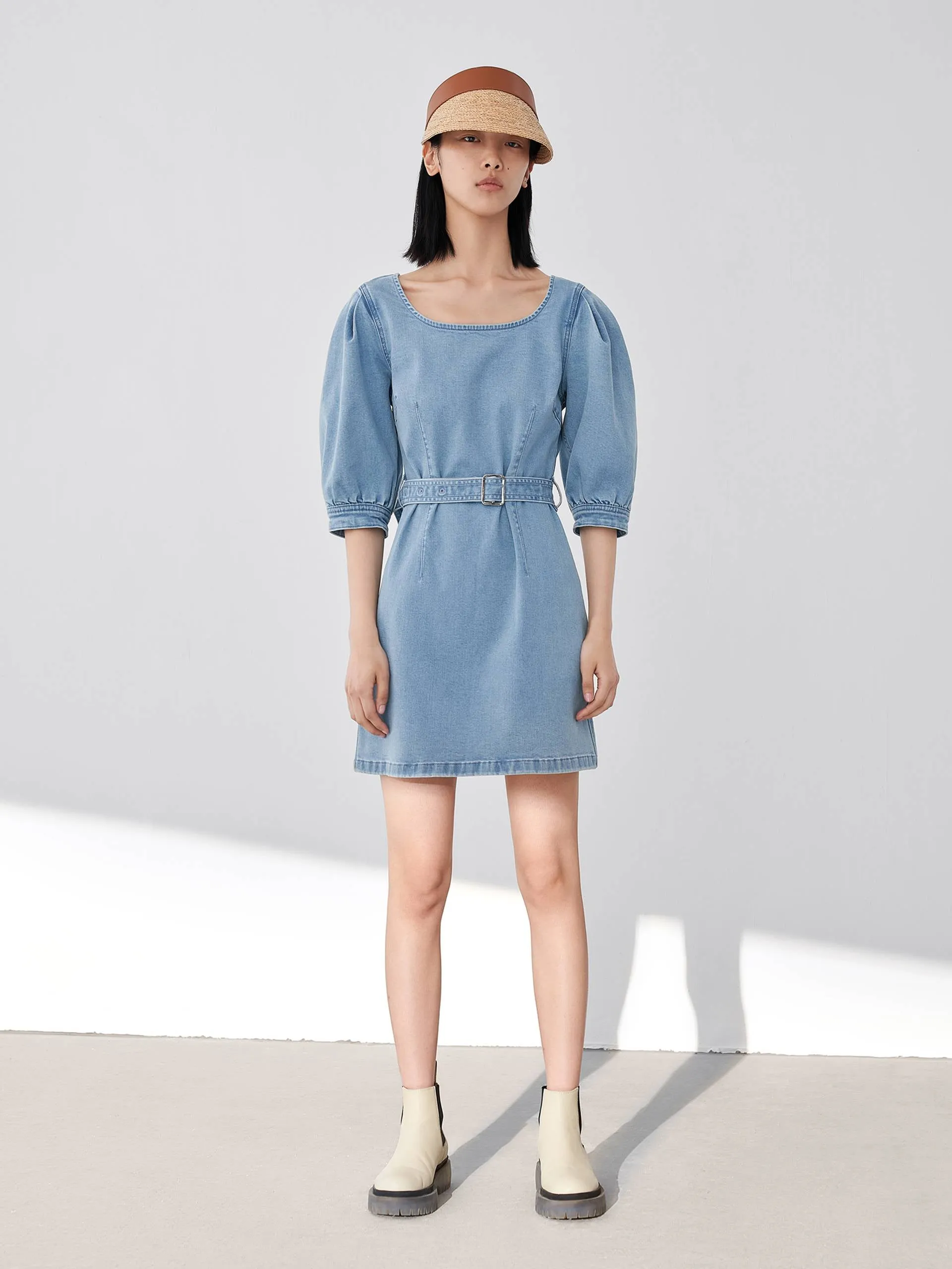 Belted Puff Sleeve Denim Dress