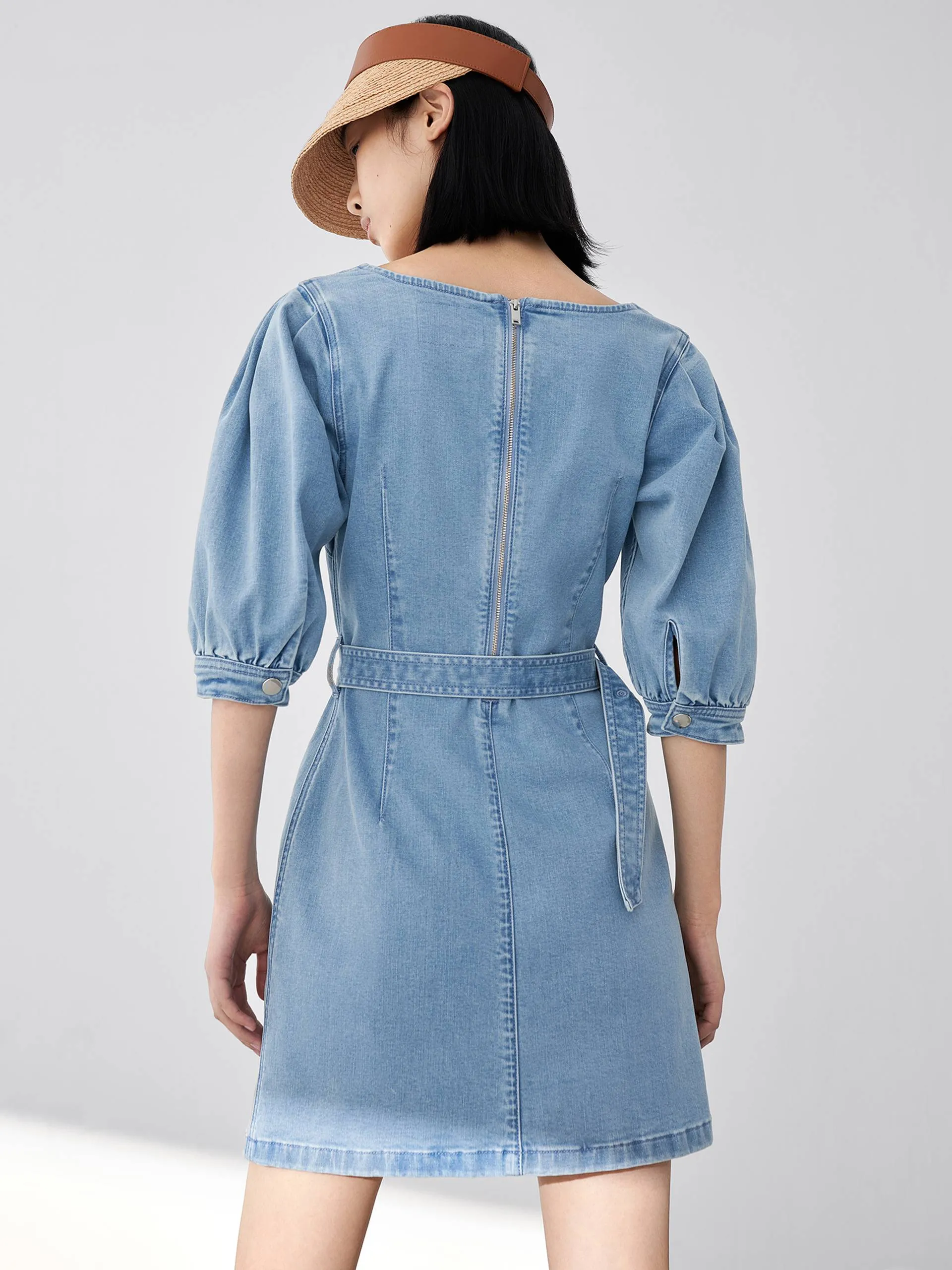 Belted Puff Sleeve Denim Dress