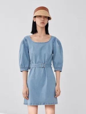 Belted Puff Sleeve Denim Dress