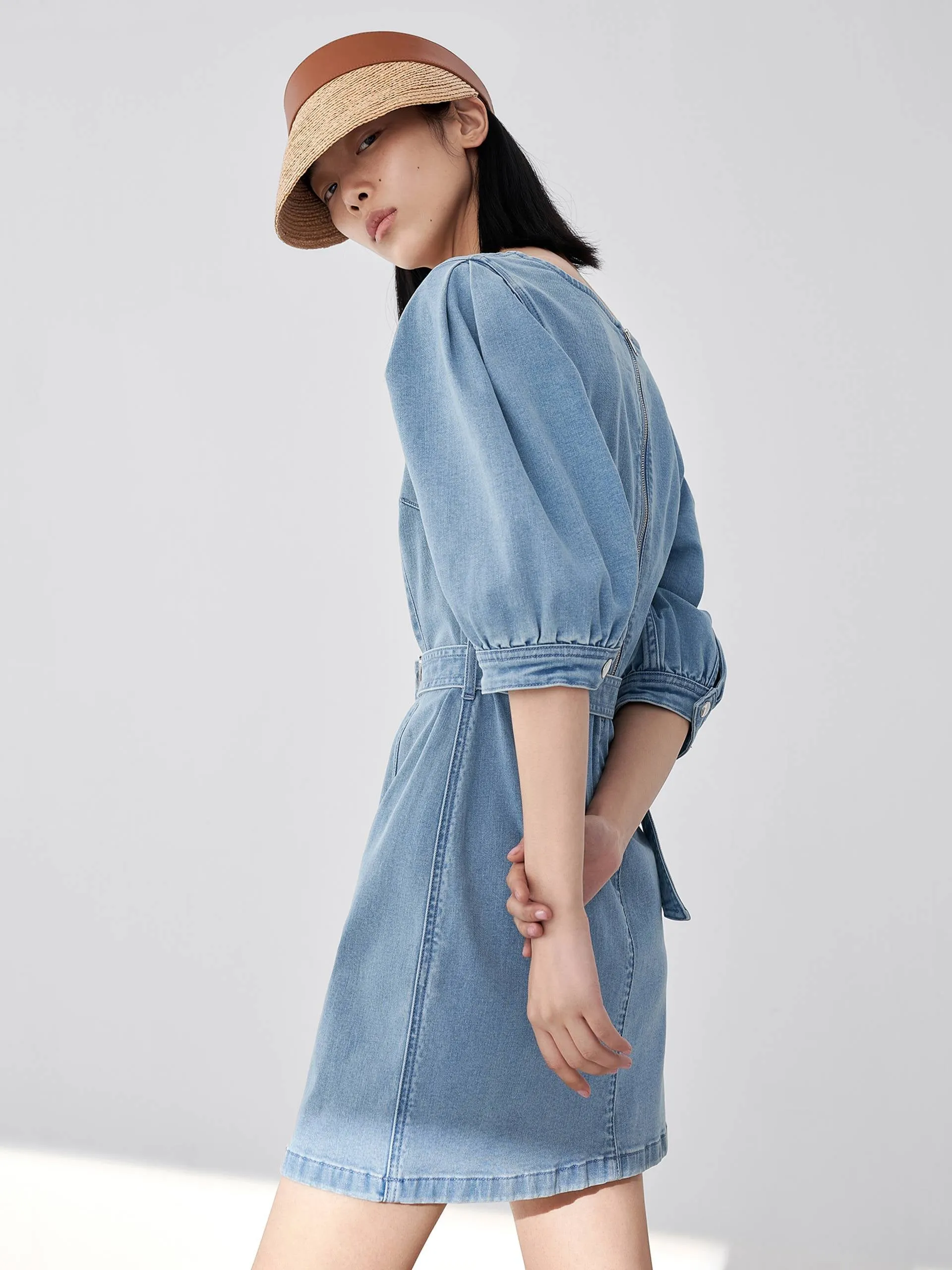 Belted Puff Sleeve Denim Dress