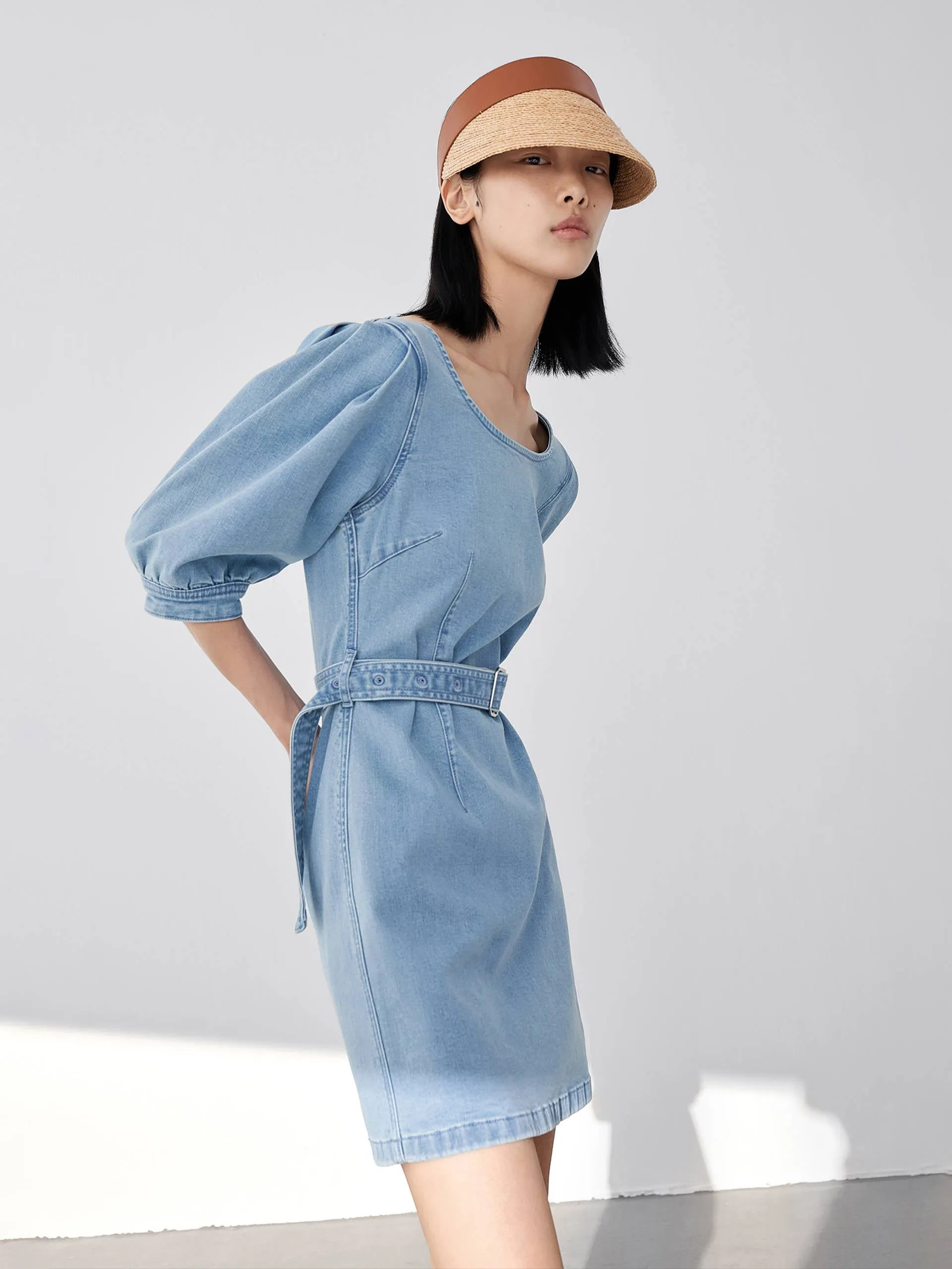 Belted Puff Sleeve Denim Dress