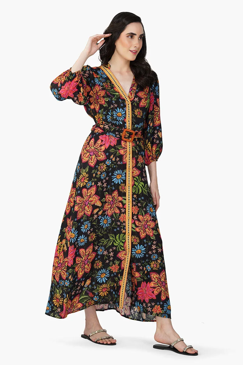 Black Multi Floret Shirt Dress