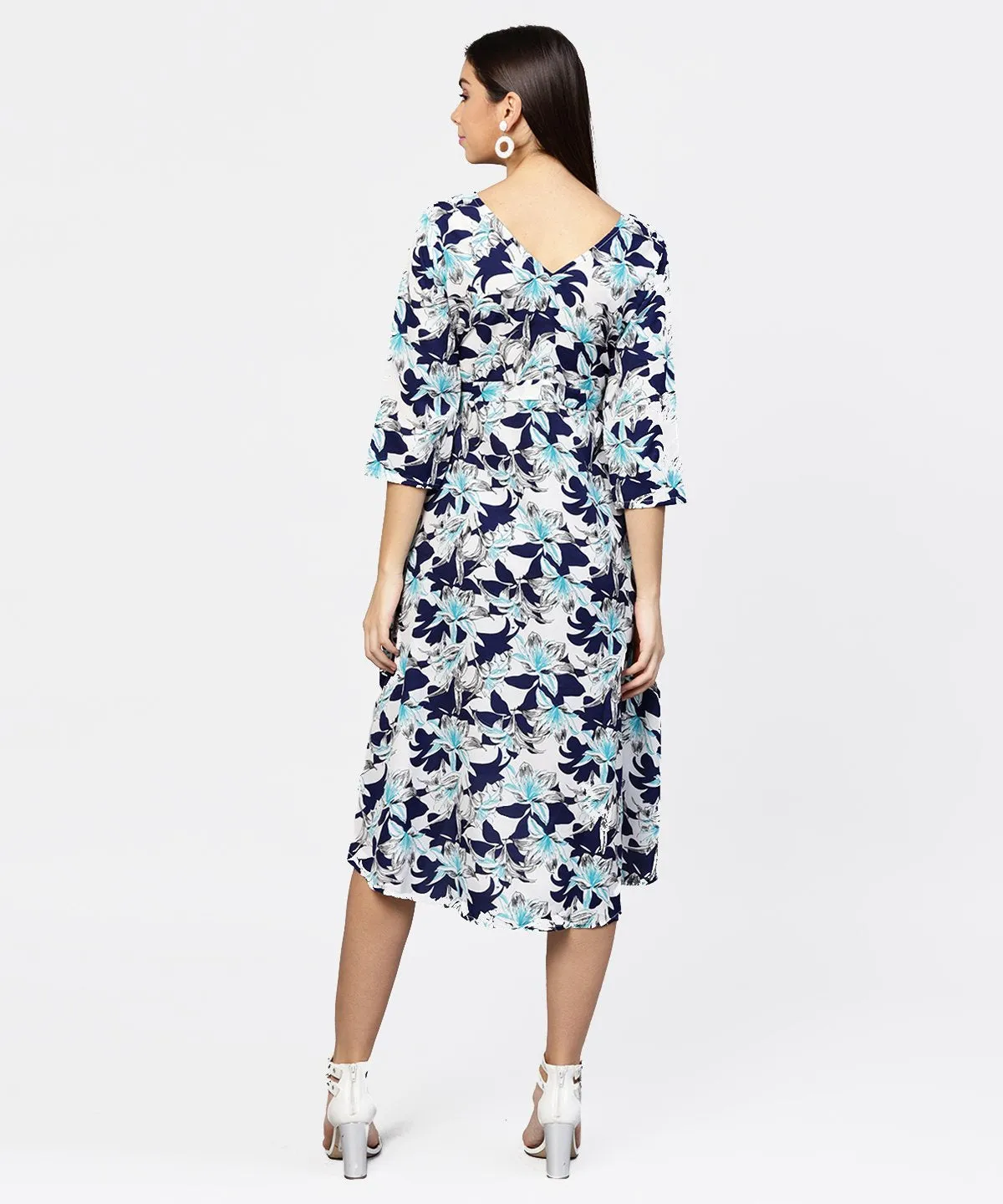 Blue Floral Printed 3/4Th Sleeve Midi A-Line Dress