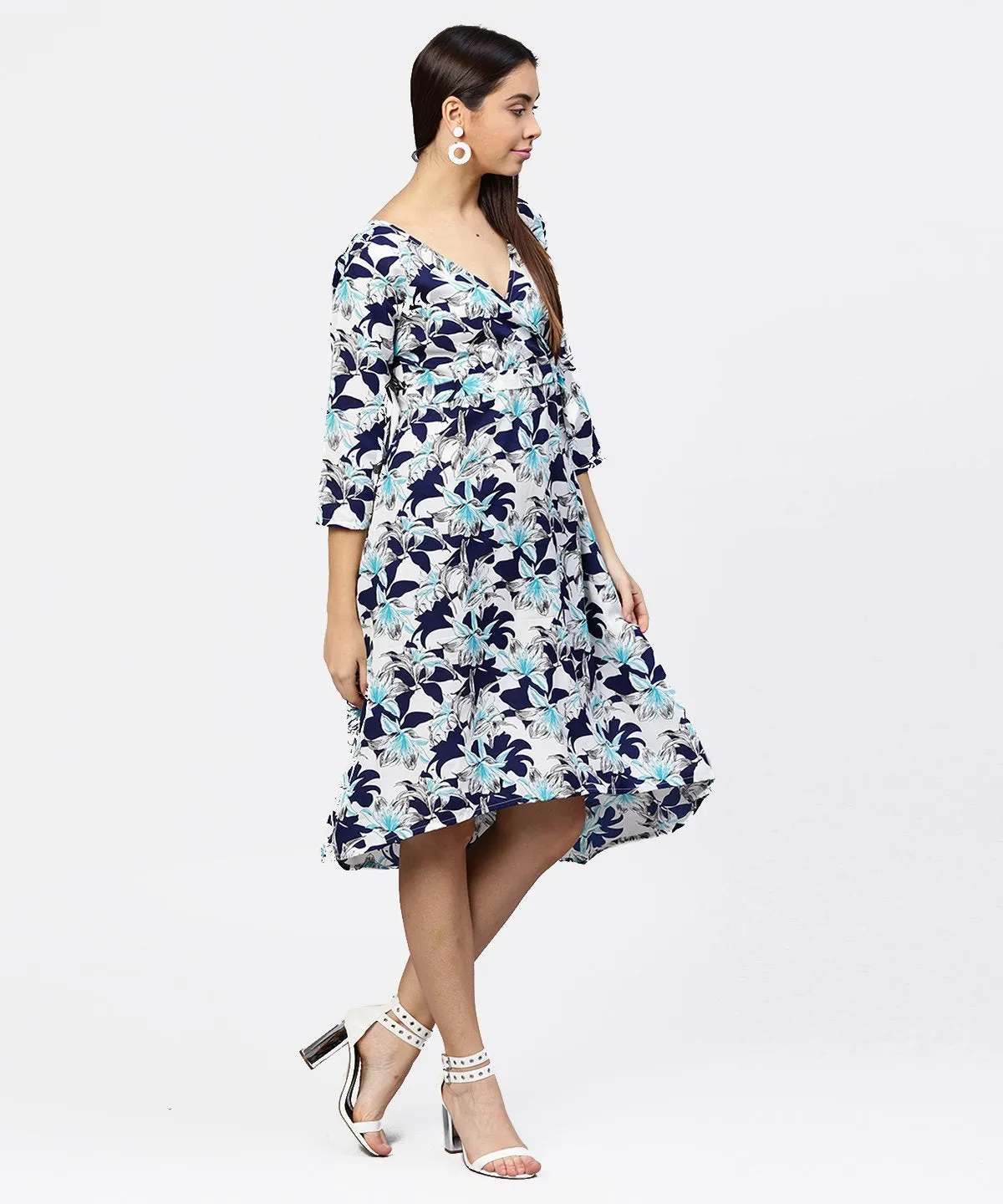 Blue Floral Printed 3/4Th Sleeve Midi A-Line Dress