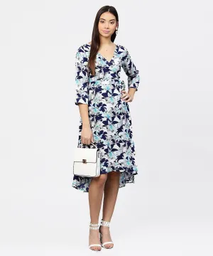 Blue Floral Printed 3/4Th Sleeve Midi A-Line Dress