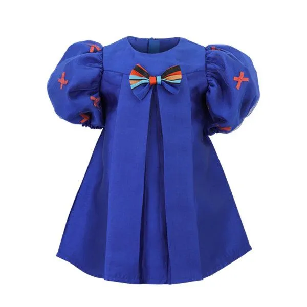 BLUE MIKADO DRESS WITH HAIR BOW FOR BABY GIRLS